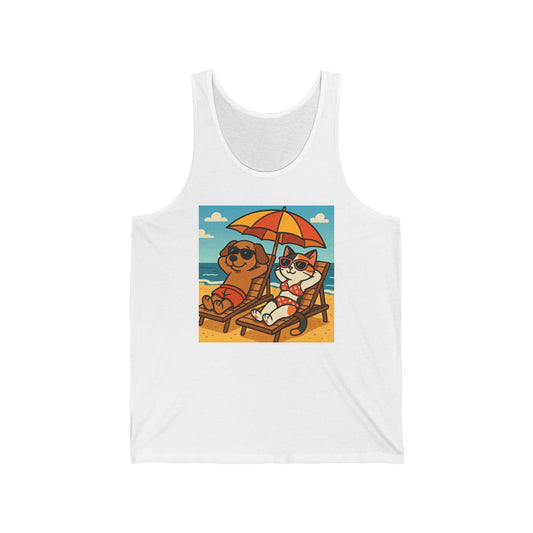 Sunny Days Unisex Jersey Tank - Dog & Cat Summer Vibes, Beachwear, Pet Lover Gift, Casual Summer Top, Fun Vacation Apparel